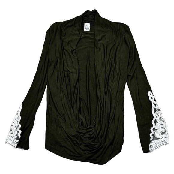 Sun Moon Womens Green Draped Cowl Neck Shirt Partial Lace Cuff Stretch Large? - Picture 5 of 12